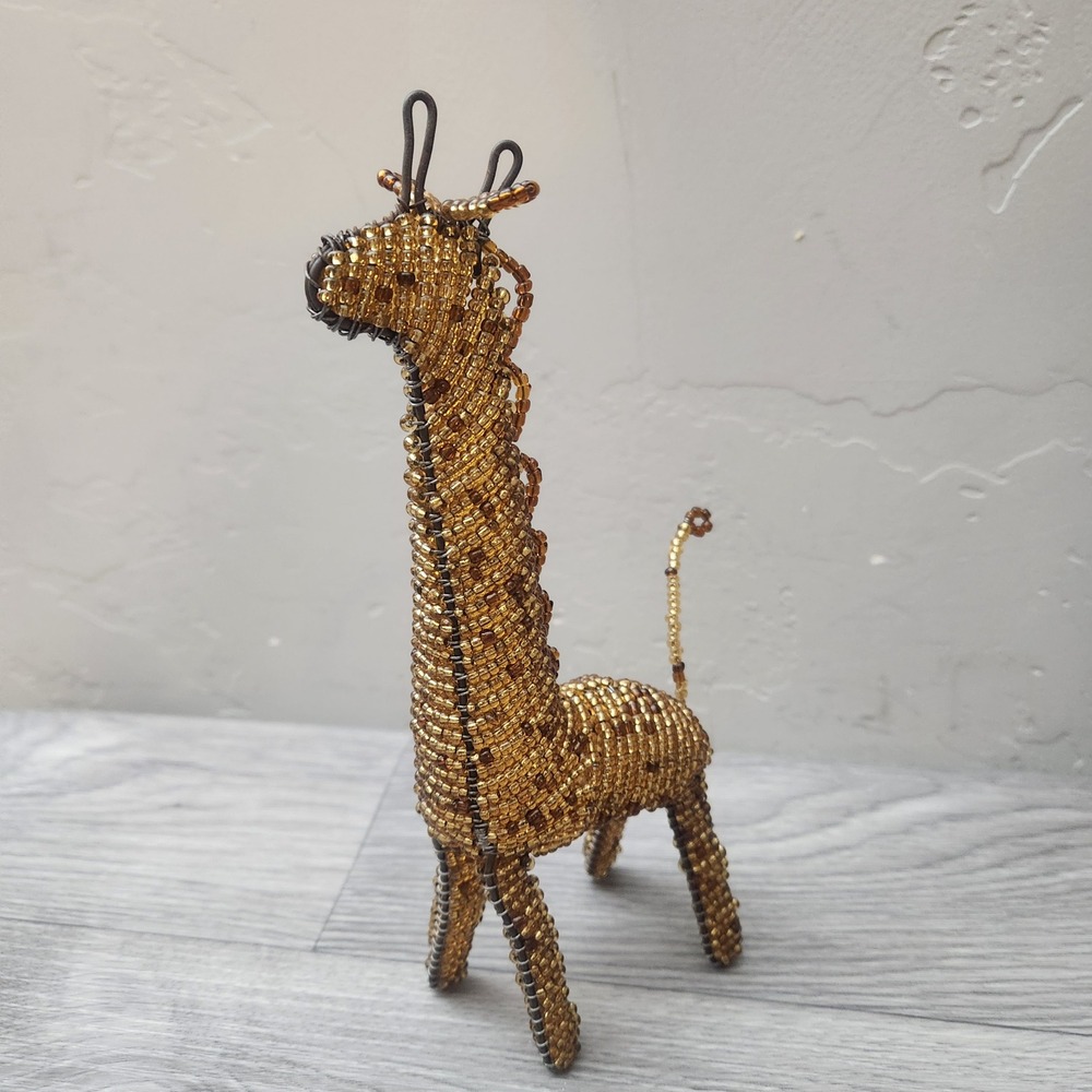 Handmade Beaded Giraffe 7 inch Wire Sculpture Figurine Amber Gold Brown Detailed